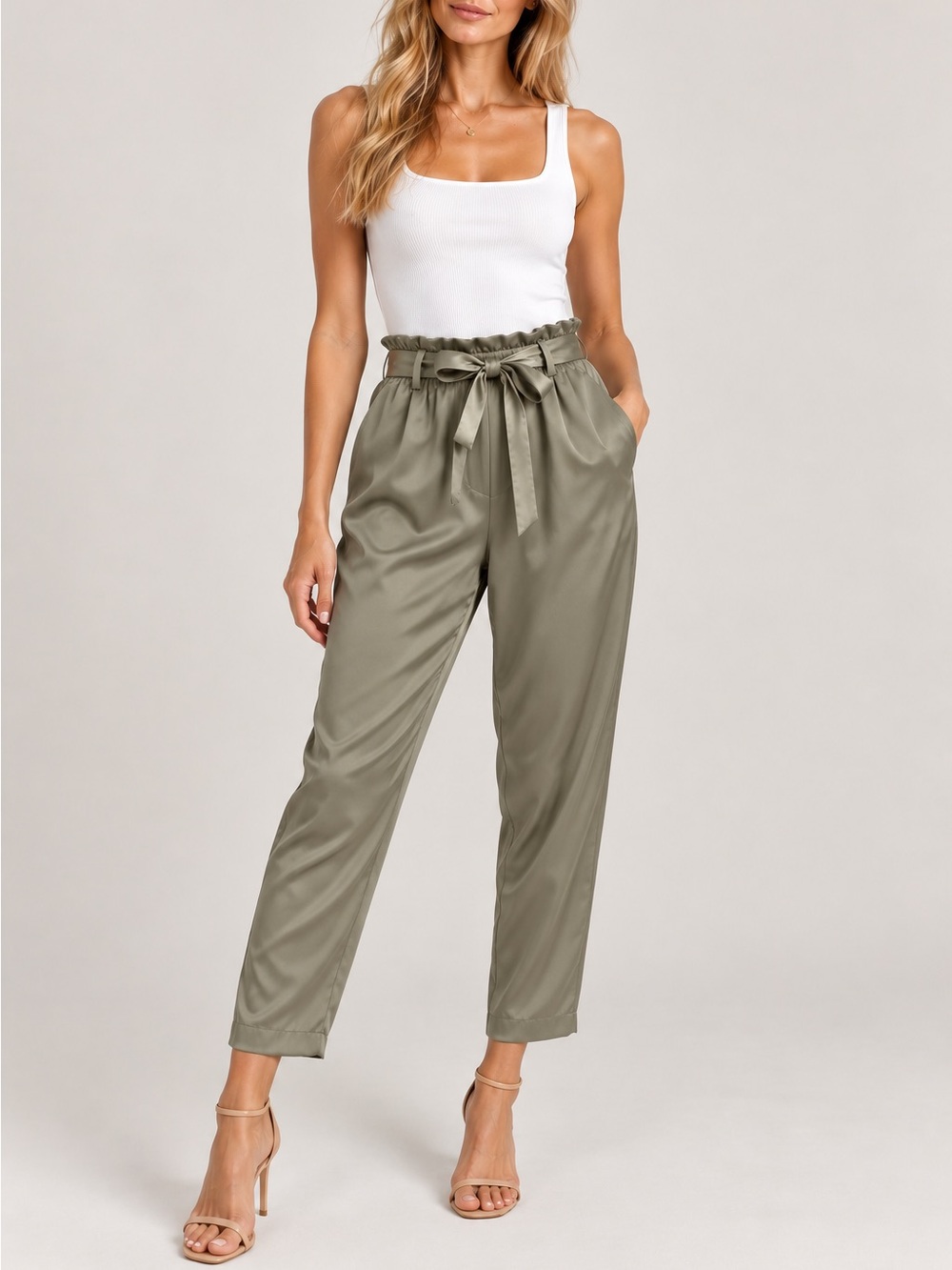 Ramy Brook Satin Paperbag Waist Pants Size L Olive Green Tie Belt Pockets